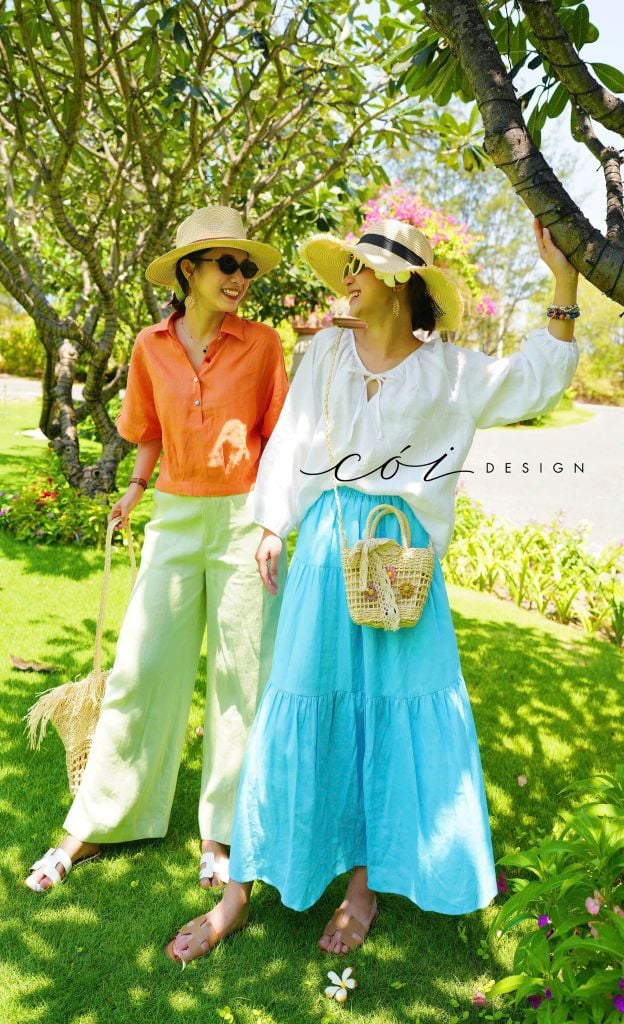 Áo cổ tim xếp nhún tay phồng Linen tưng premium Cói Design