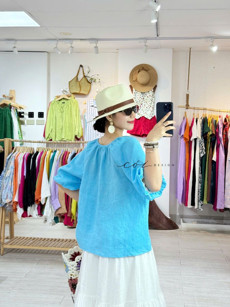 Áo cổ xếp nhúng tay bí linen tưng premium Cói Design