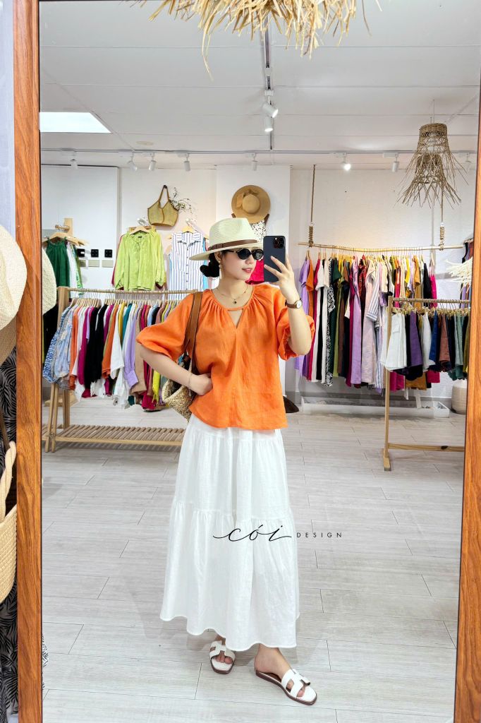 Áo cổ xếp nhúng tay bí linen tưng premium Cói Design