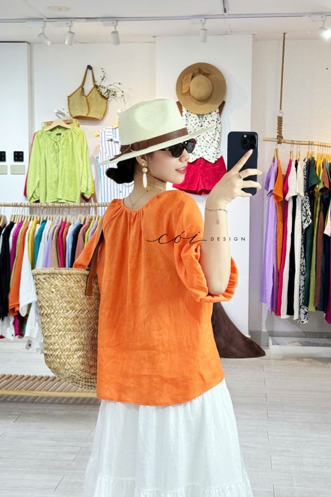 Áo cổ xếp nhúng tay bí linen tưng premium Cói Design
