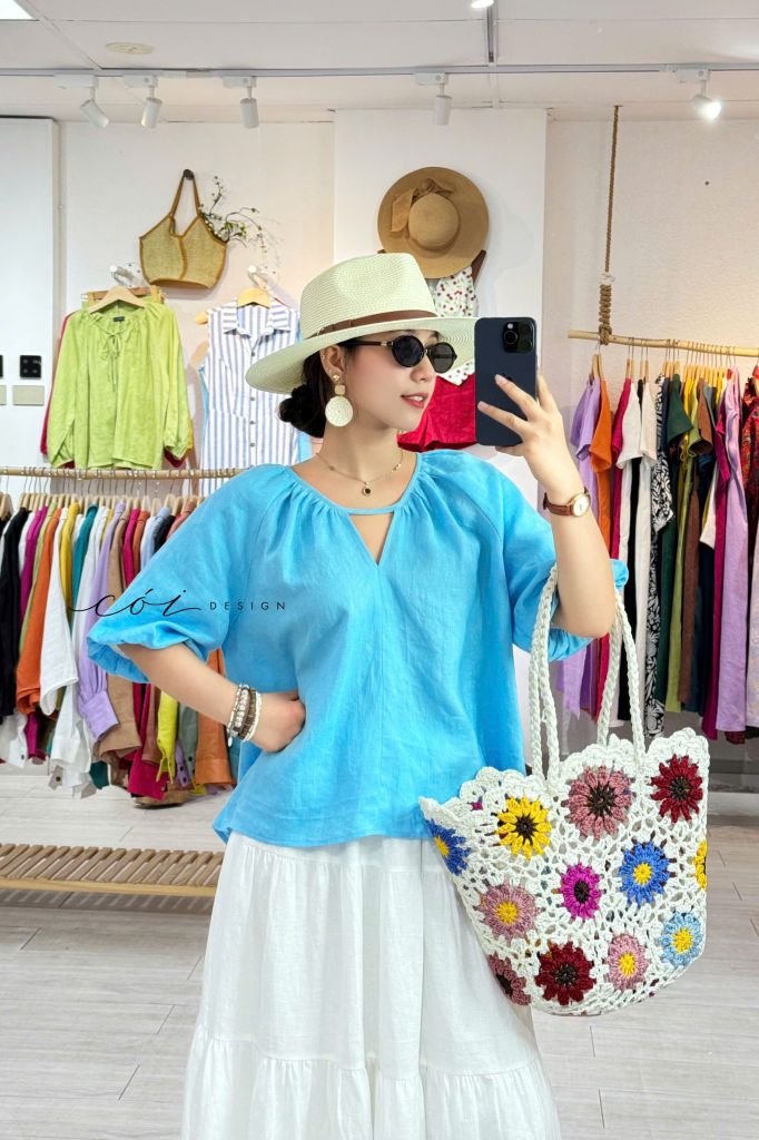 Áo cổ xếp nhúng tay bí linen tưng premium Cói Design