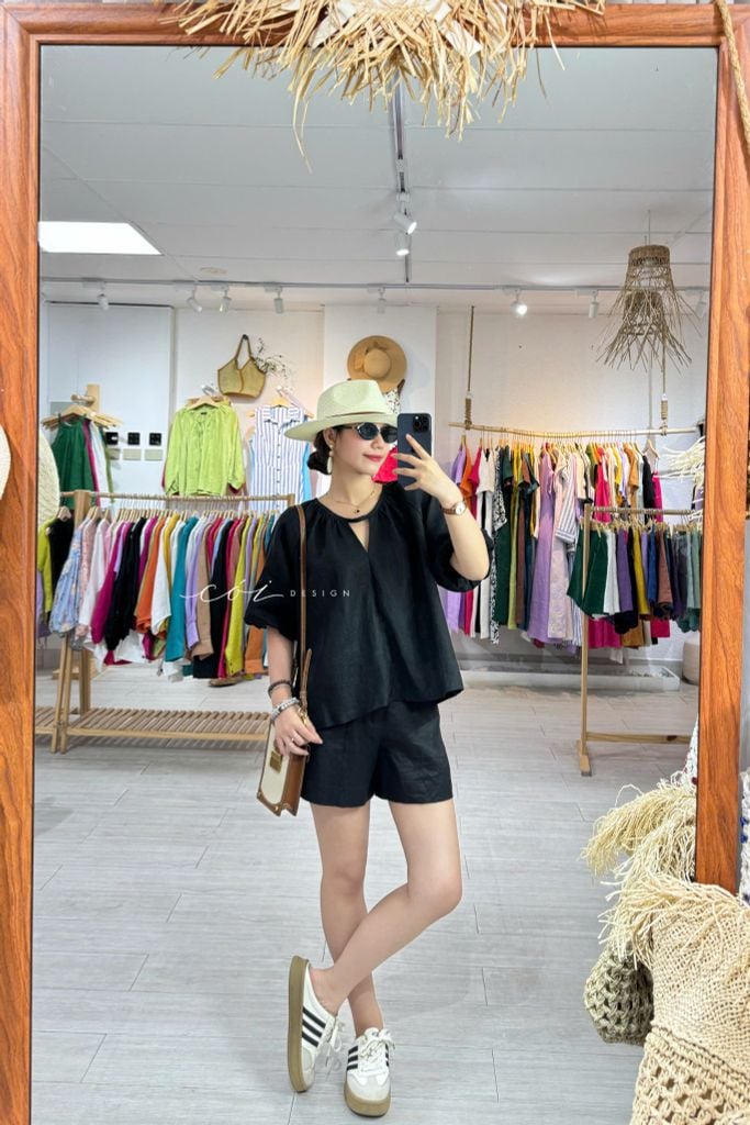 Áo cổ xếp nhúng tay bí linen tưng premium Cói Design