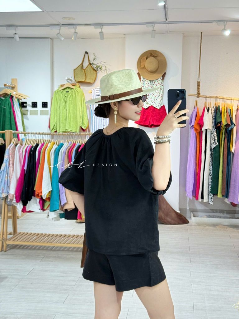 Áo cổ xếp nhúng tay bí linen tưng premium Cói Design