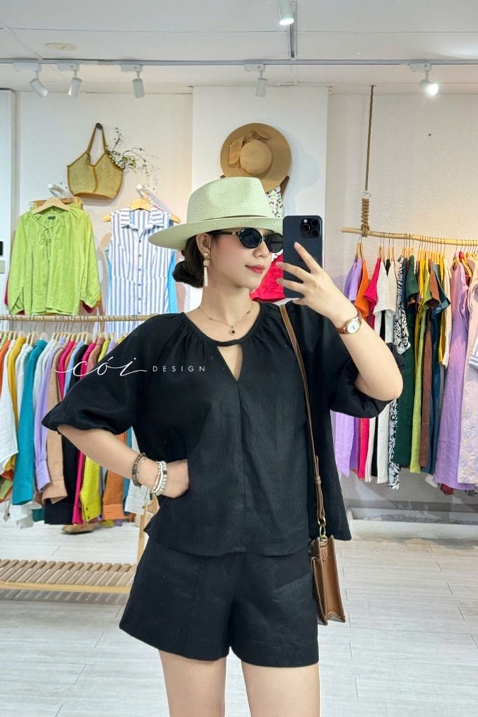 Áo cổ xếp nhúng tay bí linen tưng premium Cói Design