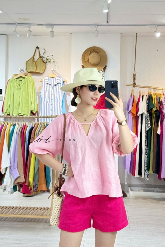 Áo cổ xếp nhúng tay bí linen tưng premium Cói Design