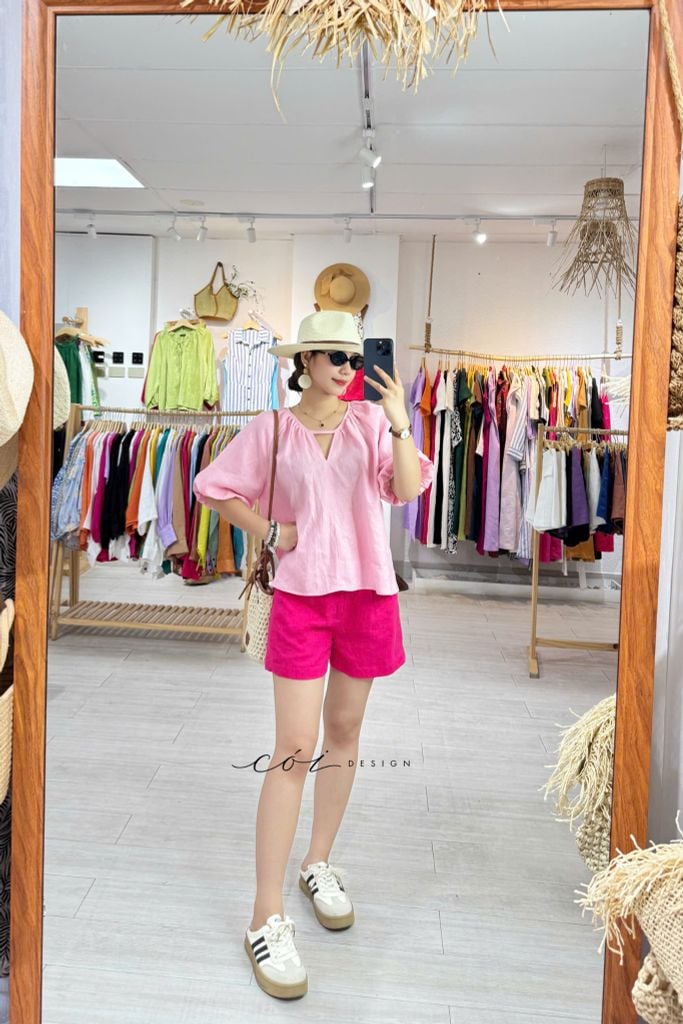 Áo cổ xếp nhúng tay bí linen tưng premium Cói Design