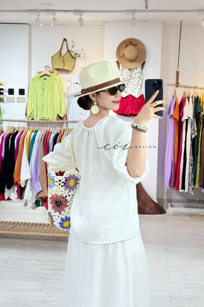 Áo cổ xếp nhúng tay bí linen tưng premium Cói Design