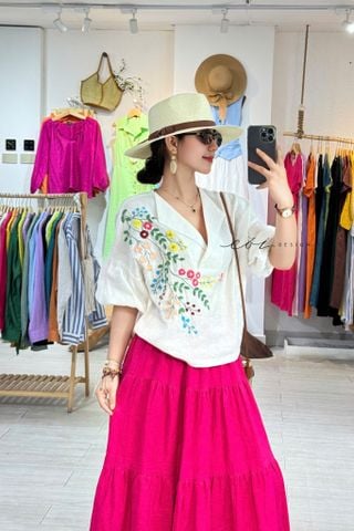 Áo Thêu tay cổ sam tay phồng linen tưng Cói Design
