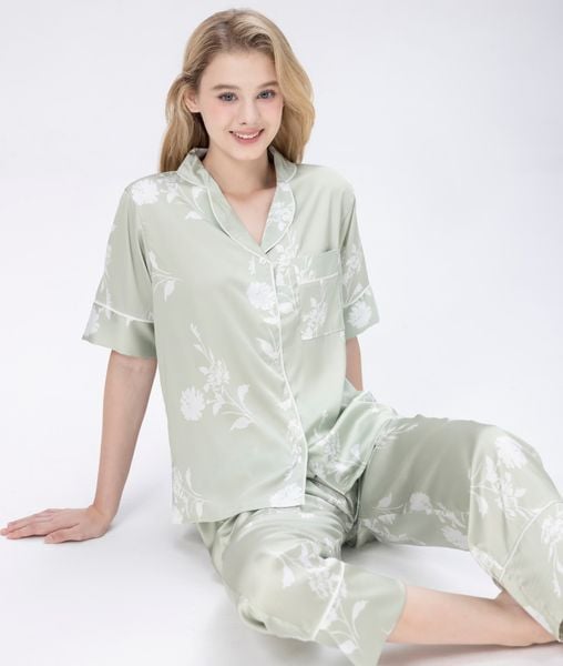 [LUXURY] Pijama Lụa In Hoa Trắng