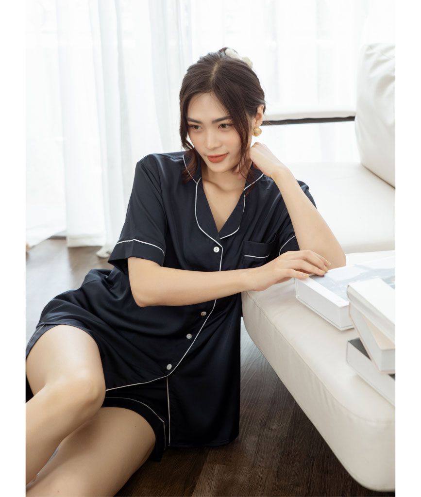  Pijama Ngắn Lụa Xanh Đen 