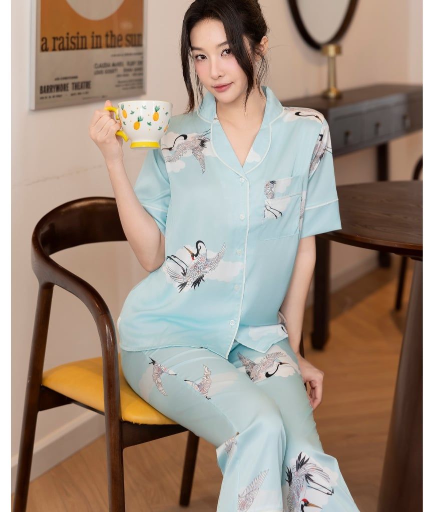  [LUXURY] Pijama Lụa In Chim Hạc 