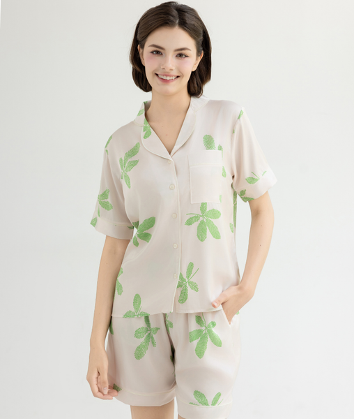 [LUXURY] Pijama Lụa Quần Ngắn In Lá