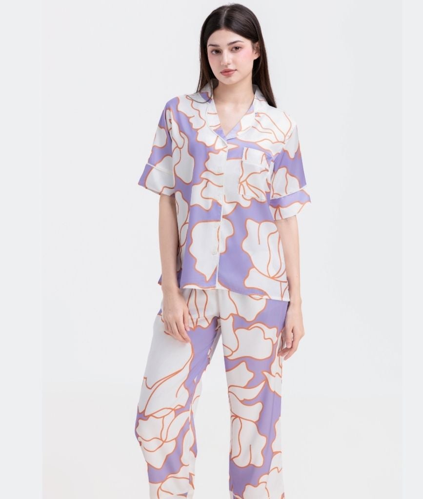  [LUXURY] Pijama Lụa Cao Cấp Hoa Trắng Nền Tím 