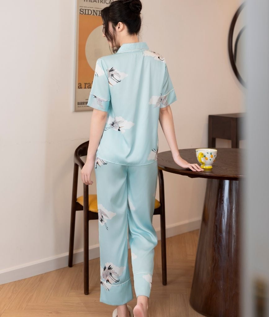  [LUXURY] Pijama Lụa In Chim Hạc 