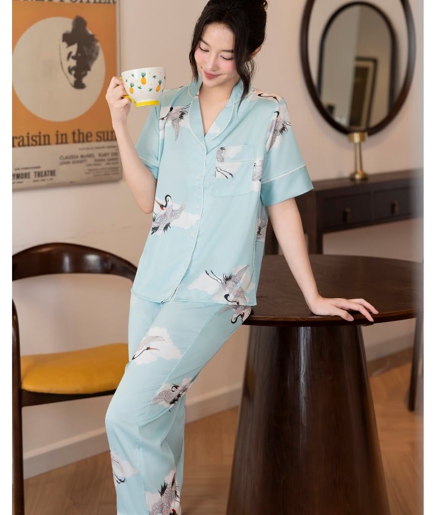  [LUXURY] Pijama Lụa In Chim Hạc 
