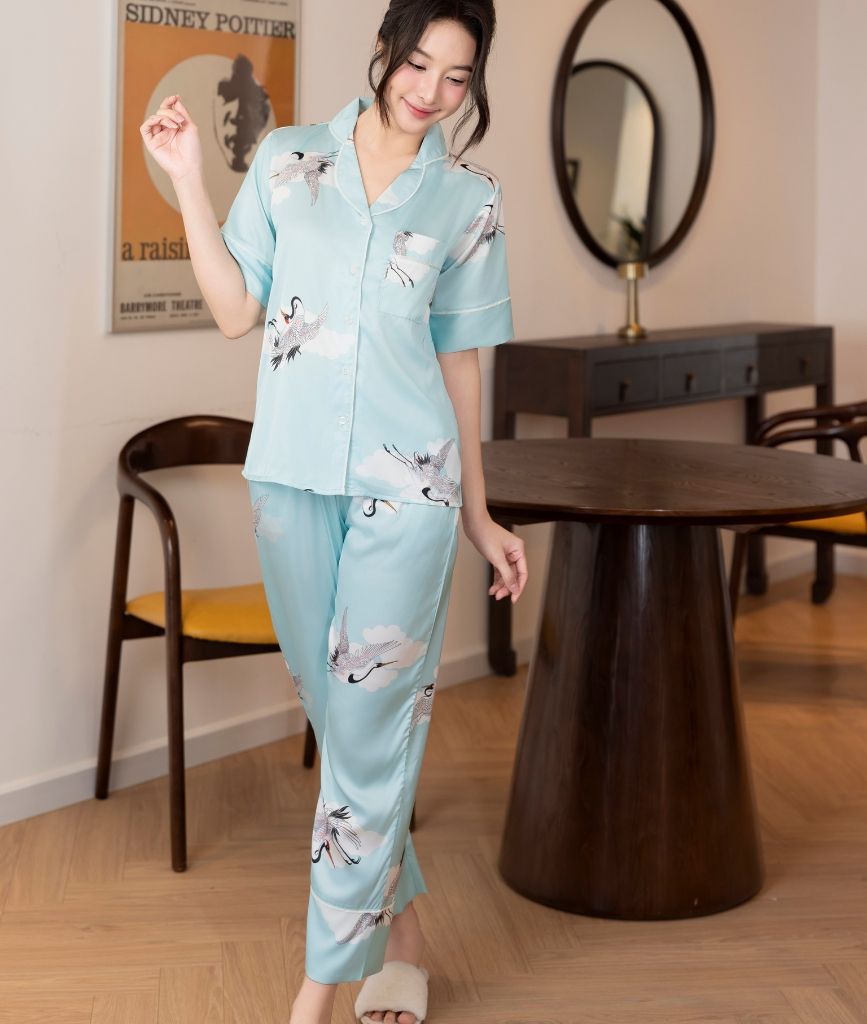  [LUXURY] Pijama Lụa In Chim Hạc 