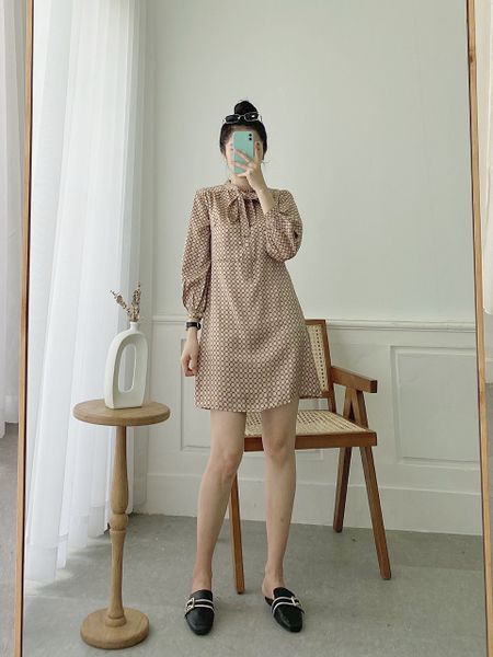 Đầm suông nữ Bow buộc nơ tay dài