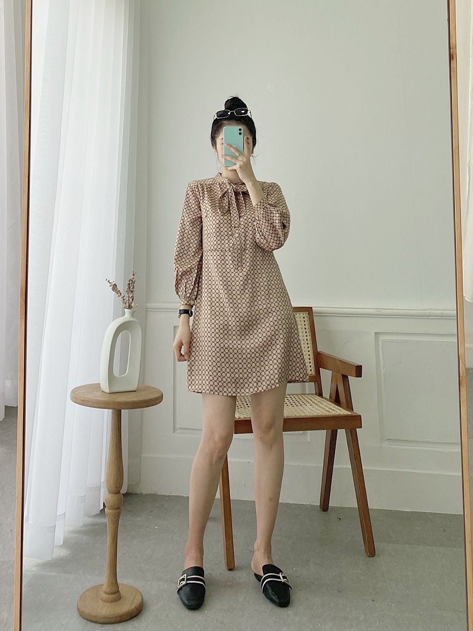  Đầm suông nữ Bow buộc nơ tay dài 