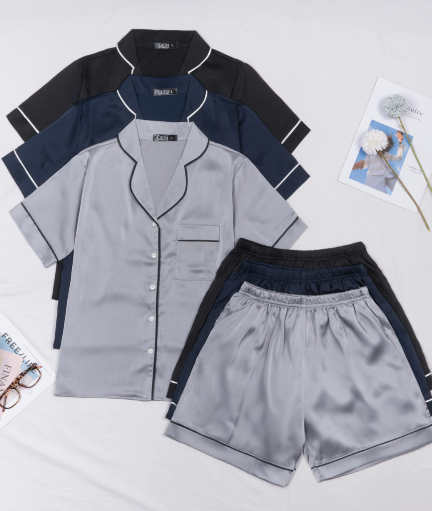  Combo Pijama Lụa Quần Ngắn Xanh, Đen, Xám 
