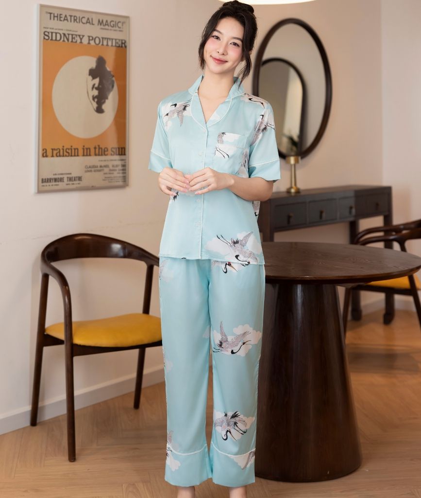  [LUXURY] Pijama Lụa In Chim Hạc 
