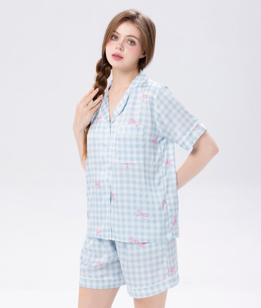  [LUXURY] Pijama Lụa Quần Ngắn In Caro 