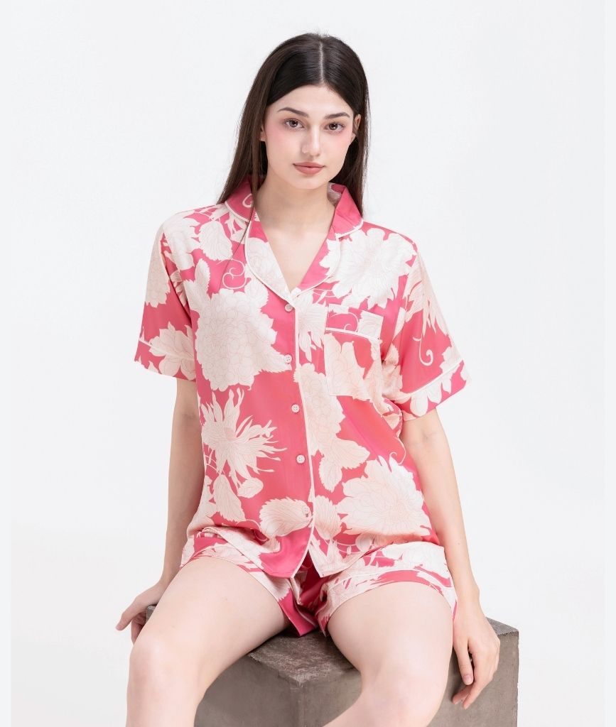  [LUXURY] Pijama Lụa Quần Ngắn Hoa Mẫu Đơn 