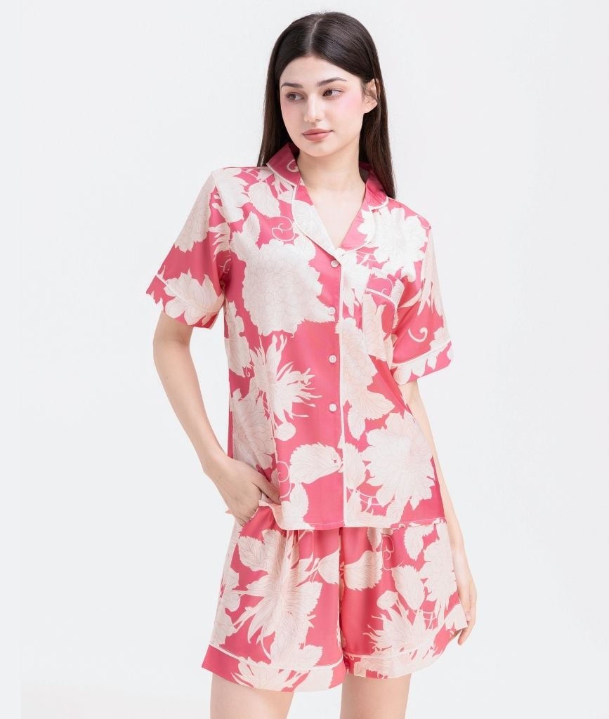  [LUXURY] Pijama Lụa Quần Ngắn Hoa Mẫu Đơn 