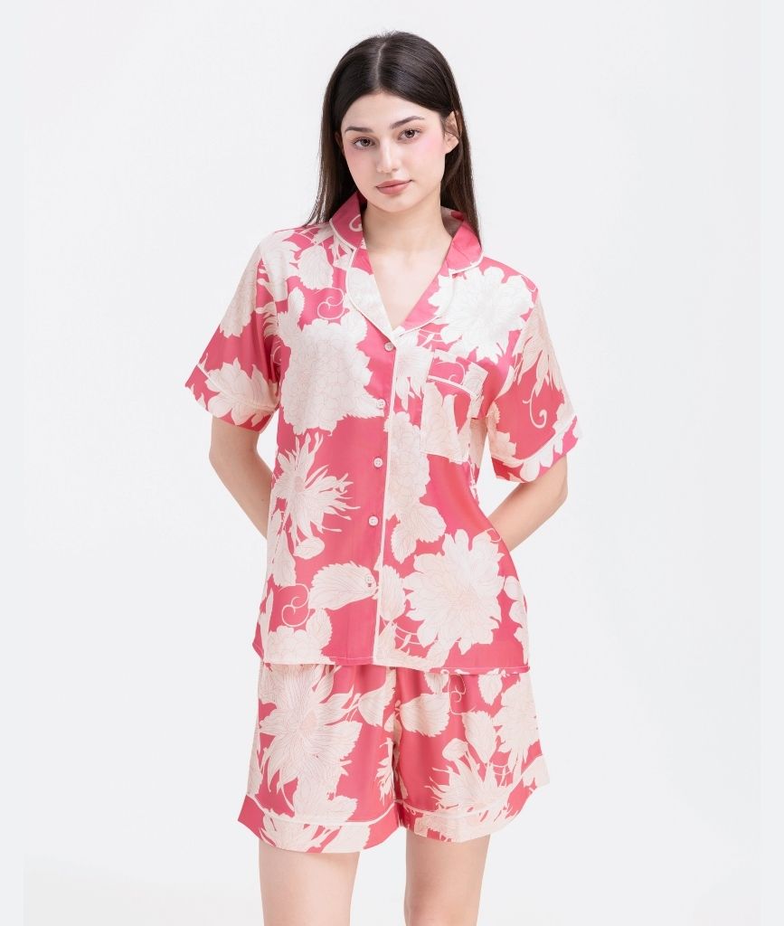  [LUXURY] Pijama Lụa Quần Ngắn Hoa Mẫu Đơn 