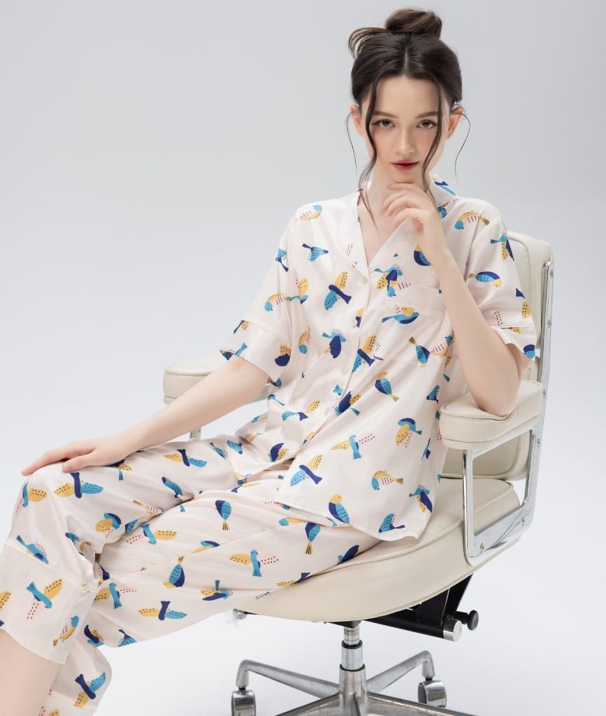  [LUXURY] Pijama Lụa In Chim Sẻ 