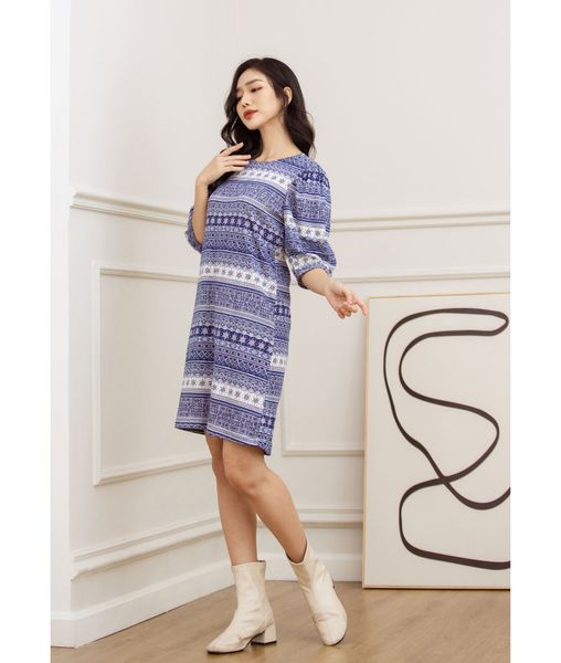 Đầm Mia Dáng Chữ A Tay Bồng Màu Xanh