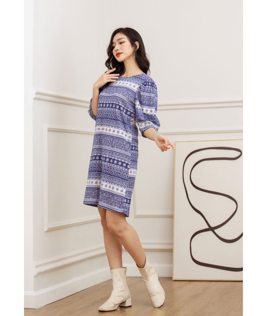 Đầm Mia Dáng Chữ A Tay Bồng Màu Xanh 