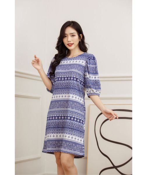 Đầm Mia Dáng Chữ A Tay Bồng Màu Xanh