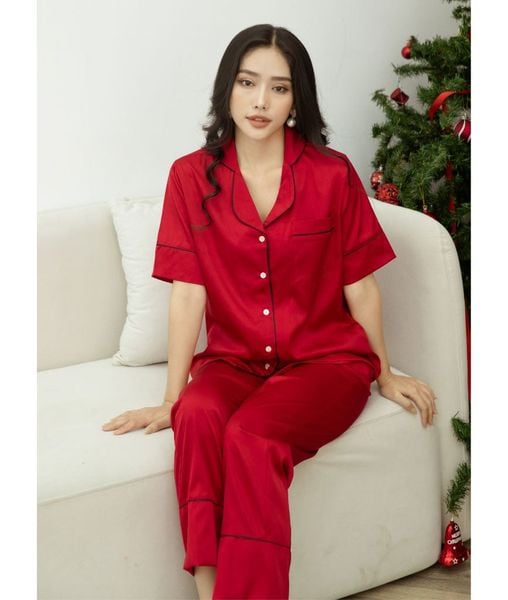 Pijama Lụa Đỏ Viền Đen