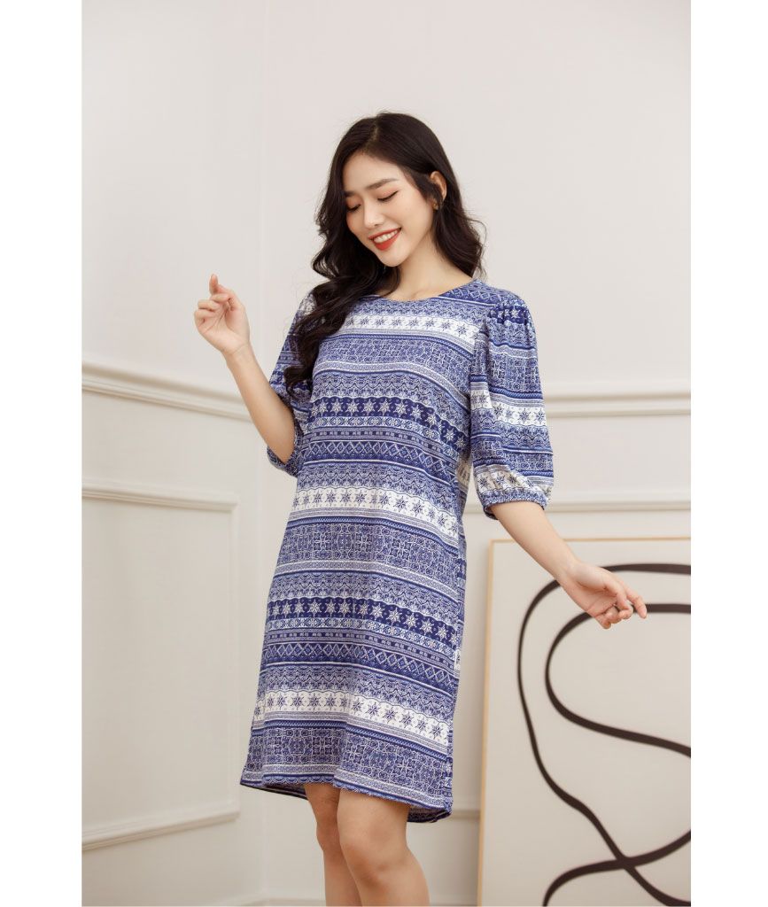  Đầm Mia Dáng Chữ A Tay Bồng Màu Xanh 