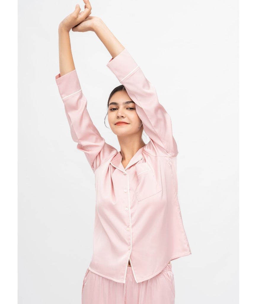  PJ Lụa Tay Dài Màu Hồng 