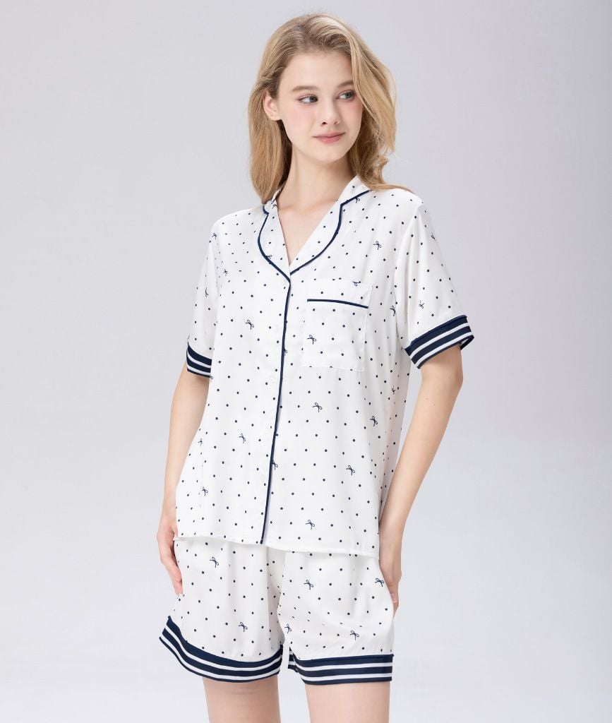  [LUXURY] Pijama Lụa Quần Ngắn In Bi Nơ 