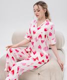  [LUXURY] Pijama Lụa In Hoạ Tiết Tim Hồng 