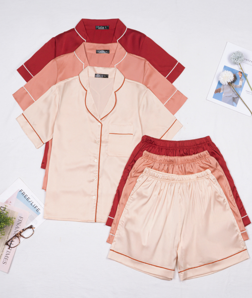 Combo Pijama Lụa Quần Ngắn Đỏ, Cam, San Hô