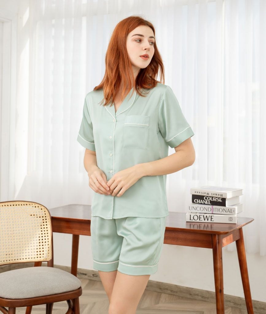  Pijama Ngắn Lụa Xanh Mint 
