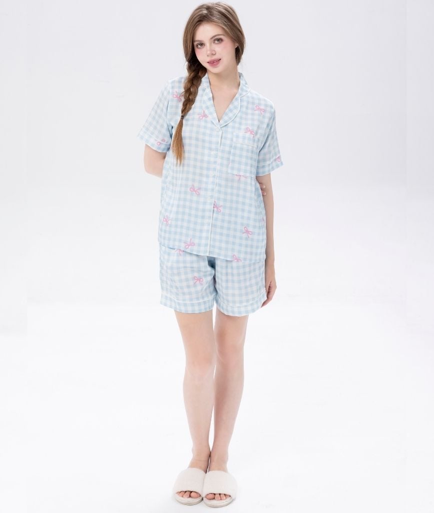  [LUXURY] Pijama Lụa Quần Ngắn In Caro 