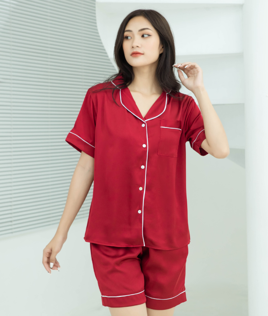  Combo Pijama Lụa Quần Ngắn Đỏ, Cam, San Hô 