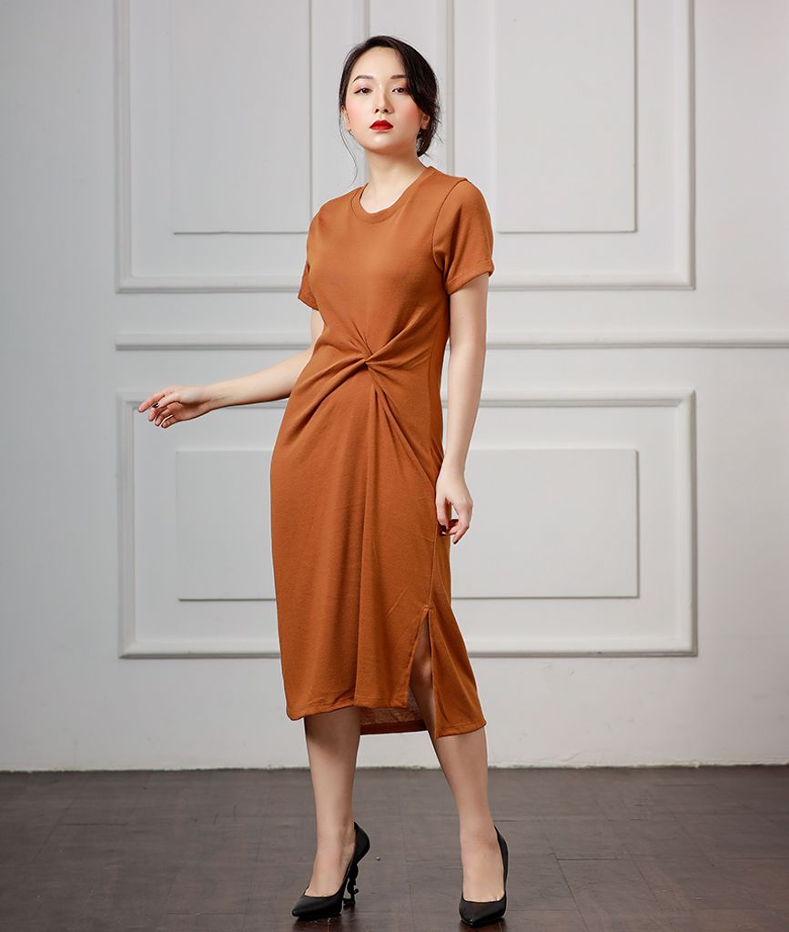  ĐẦM THUN SUÔNG DÀI NỮ KNOTI  CỔ TRÒN TAY NGẮN 