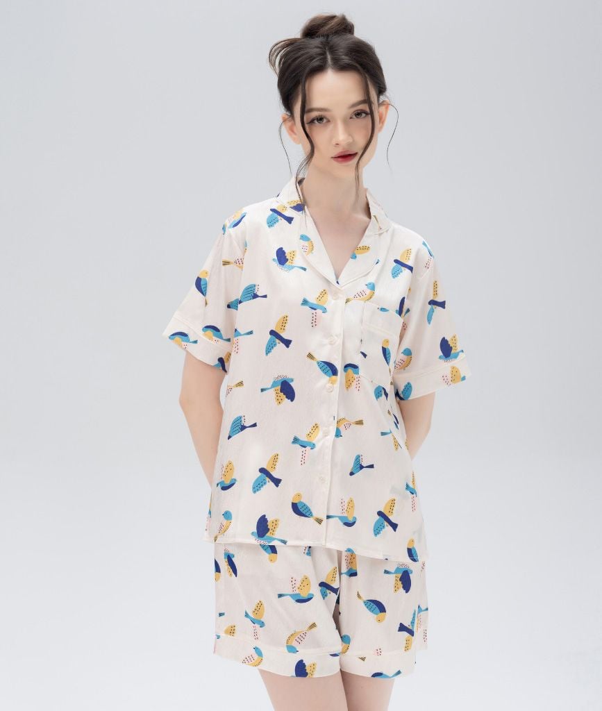  [LUXURY] Pijama Lụa Ngắn In Chim Sẻ 