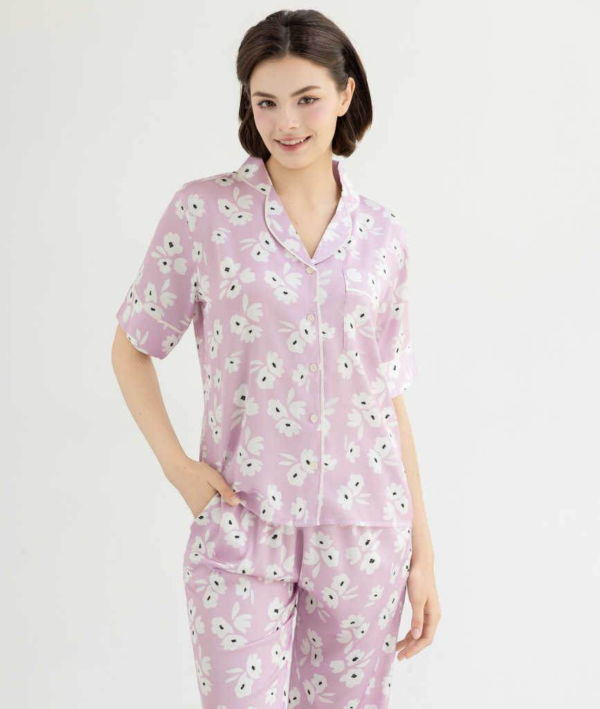  [LUXURY] Pijama Lụa Cao Cấp In Hoa Tím 