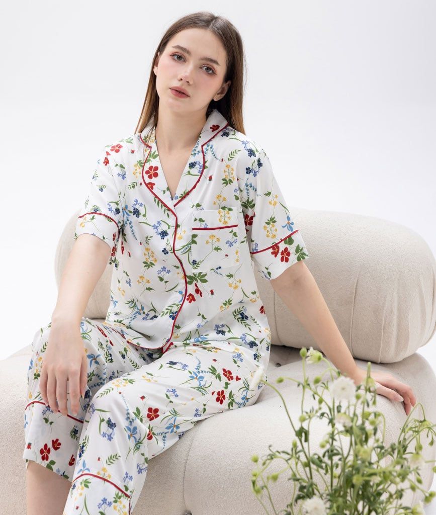  [LUXURY] Pijama Lụa In Hoa Đỏ 