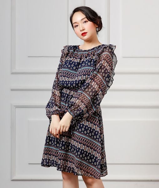 Đầm nữ Riley xòe cổ tròn tay dài