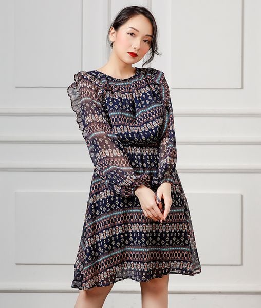 Đầm nữ Riley xòe cổ tròn tay dài