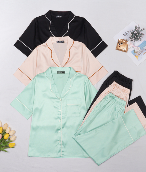 Combo Pijama Lụa Quần Dài Xanh Mint, San Hô, Đen