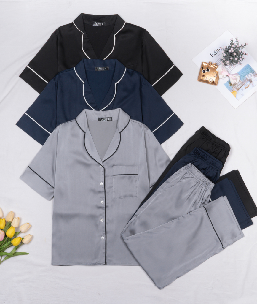  Combo Pijama Lụa Quần Dài Xanh, Xám, Đen 
