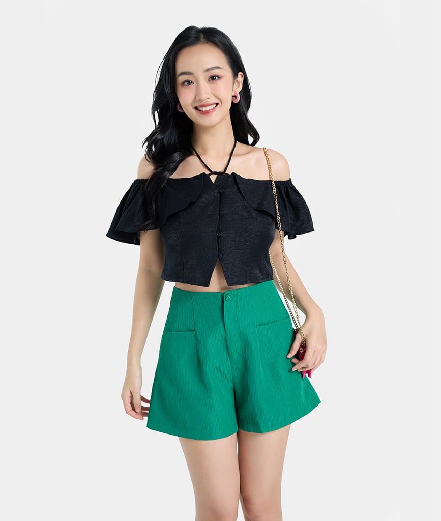 Áo croptop tay bèo nút bọc buộc nơ cổ